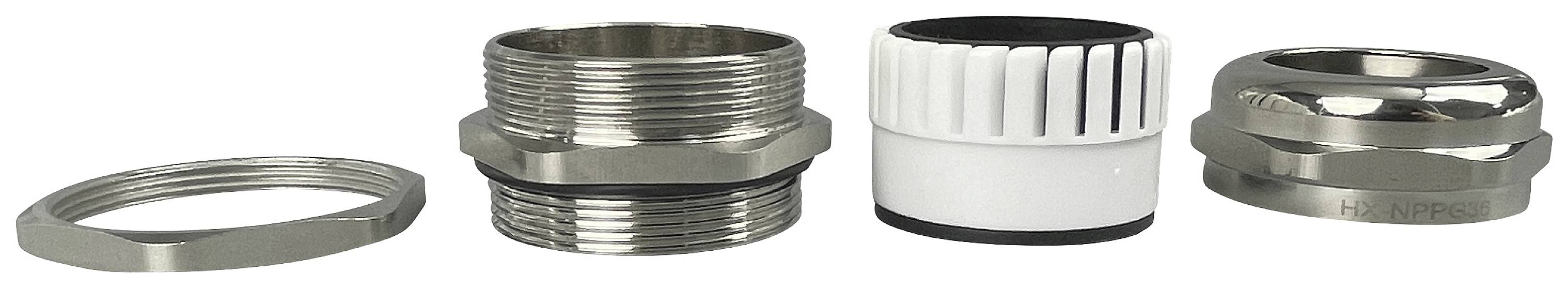 Cztery metalowe komponenty: płaska tarcza, cylindryczna część z gwintem, biała nasadka plastikowa i kolejny okrągły element metalowy.