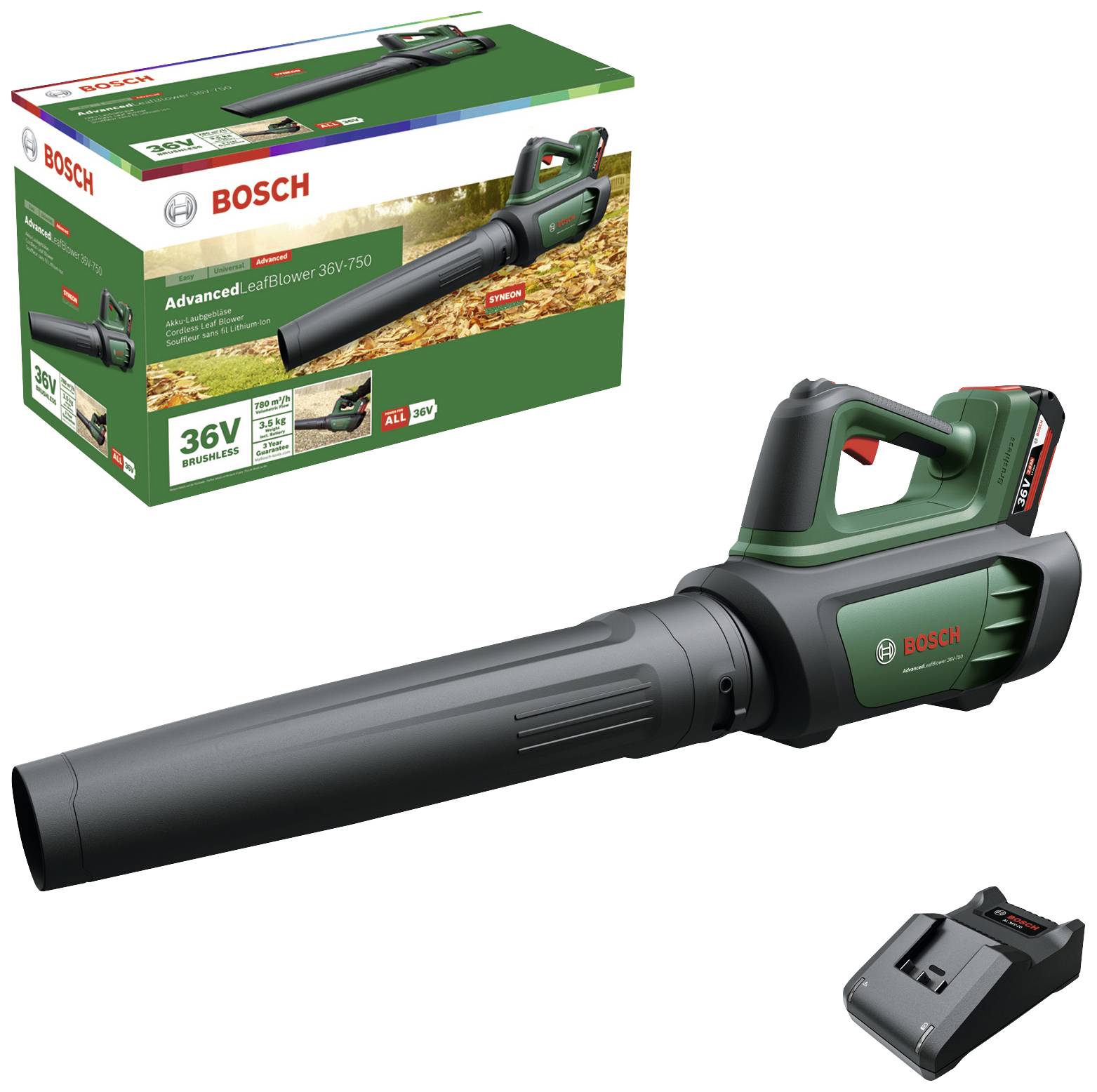 Bosch Home and Garden 06008C6000 AdvancedLeafBlower 36V-750 Бездротовий повітродув з акумулятором, зарядний пристрій 36V