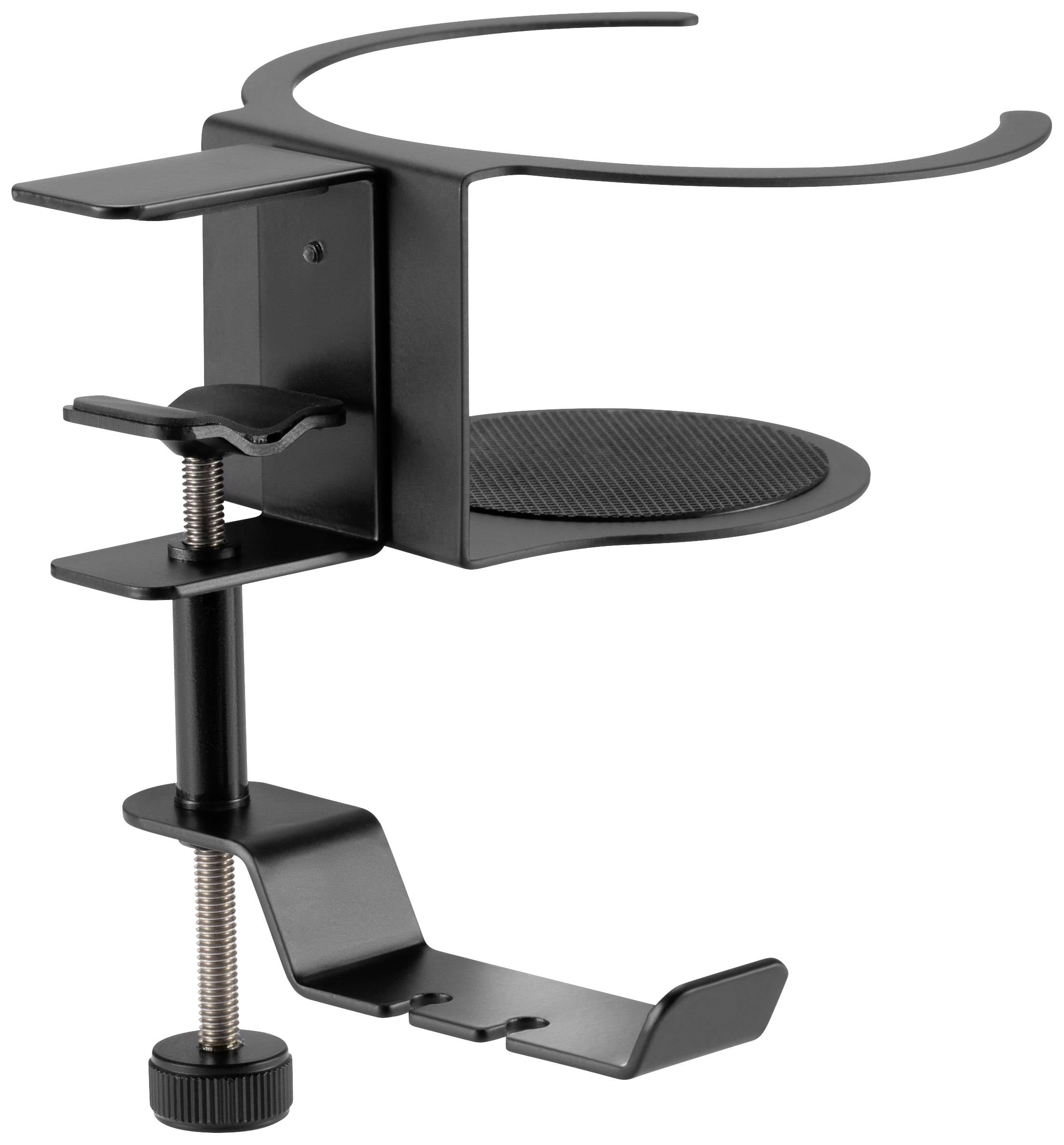Czarny, regulowany uchwyt na słuchawki i napoje, mocowany za pomocą zacisku śrubowego do krawędzi biurka.