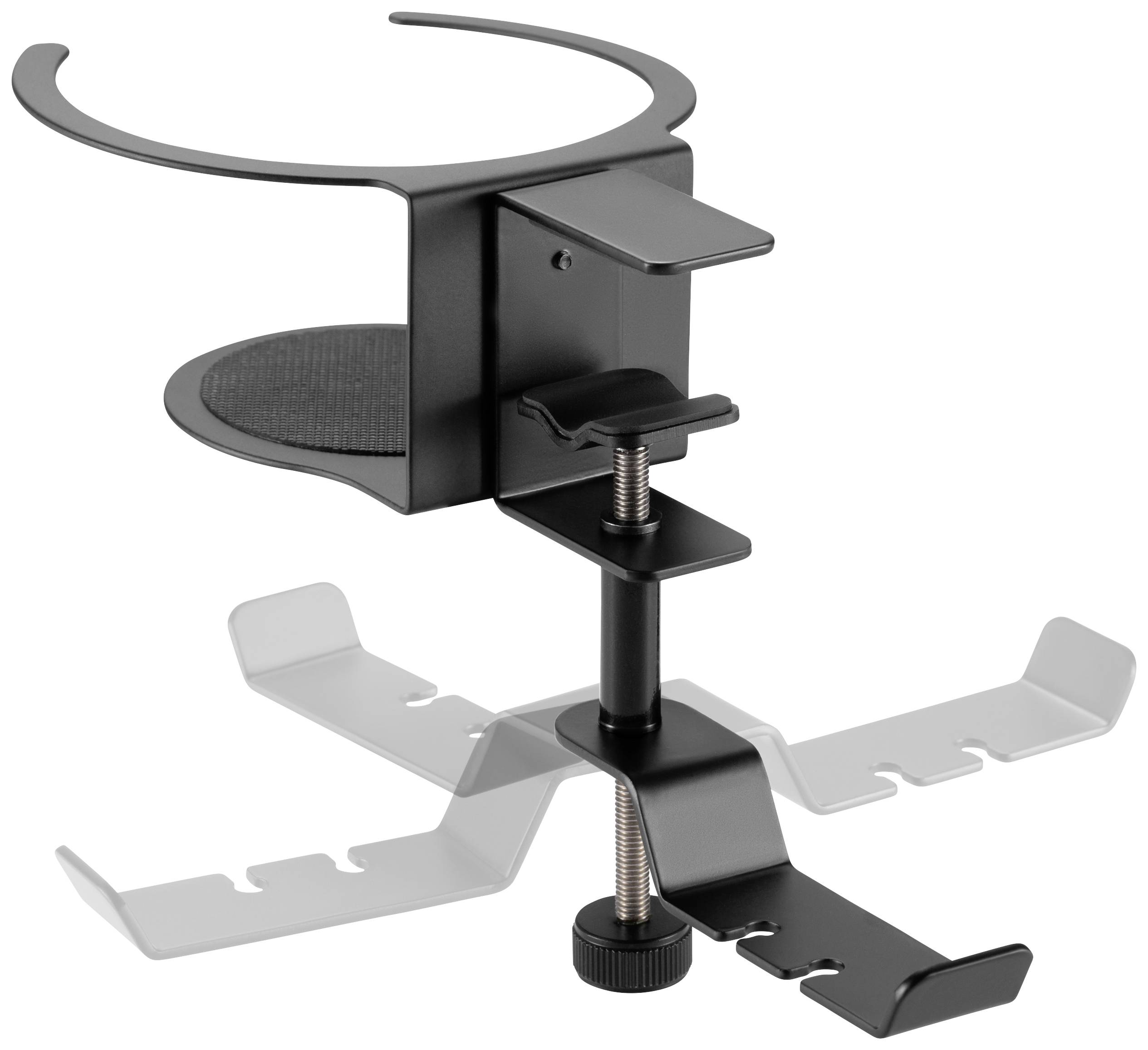 Czarny uchwyt na napoje, który można zamocować do stołu. Regulowany za pomocą mechanizmu śrubowego. Odpowiedni dla różnych rozmiarów pojemników.