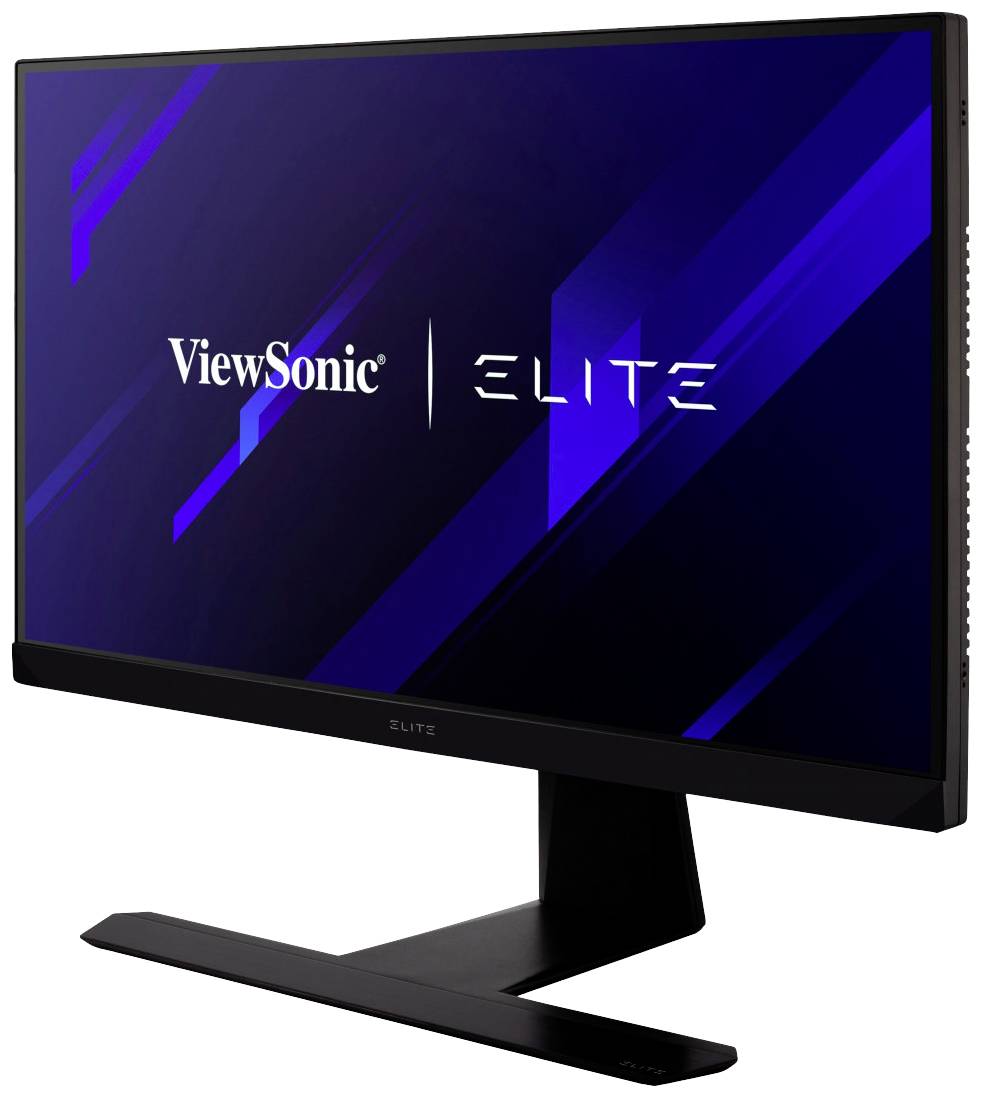 Monitor ViewSonic Elite w ujęciu bocznym na niebieskim tle ekranu, podkreślający nowoczesny design i smukłą podstawę.