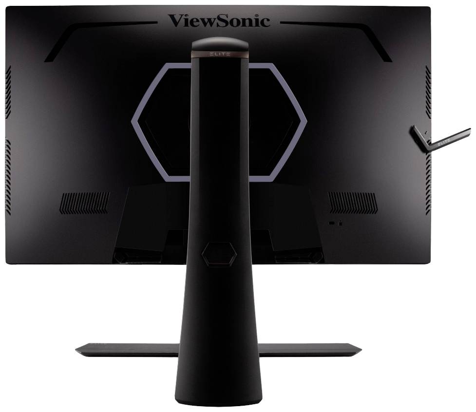Widok z tyłu monitora ViewSonic z ergonomiczną podstawą i sześciokątnym wzorem na tylnej części ekranu.