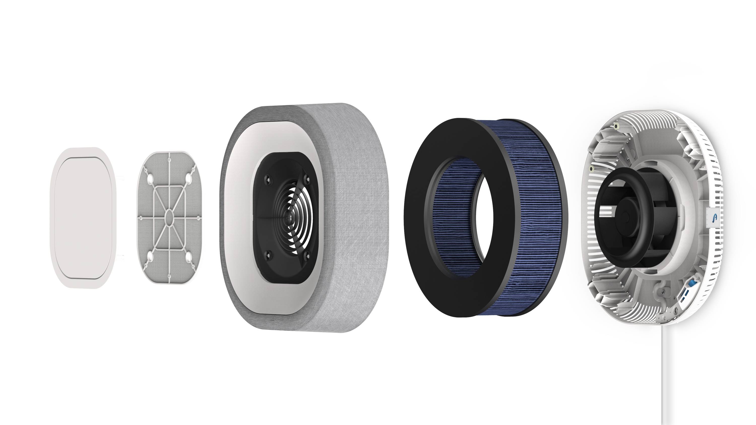 Widok rozłożony filtra powietrza: od lewej do prawej widoczna jest pokrywa filtra, filtr, filtr węglowy aktywowany oraz obudowa.