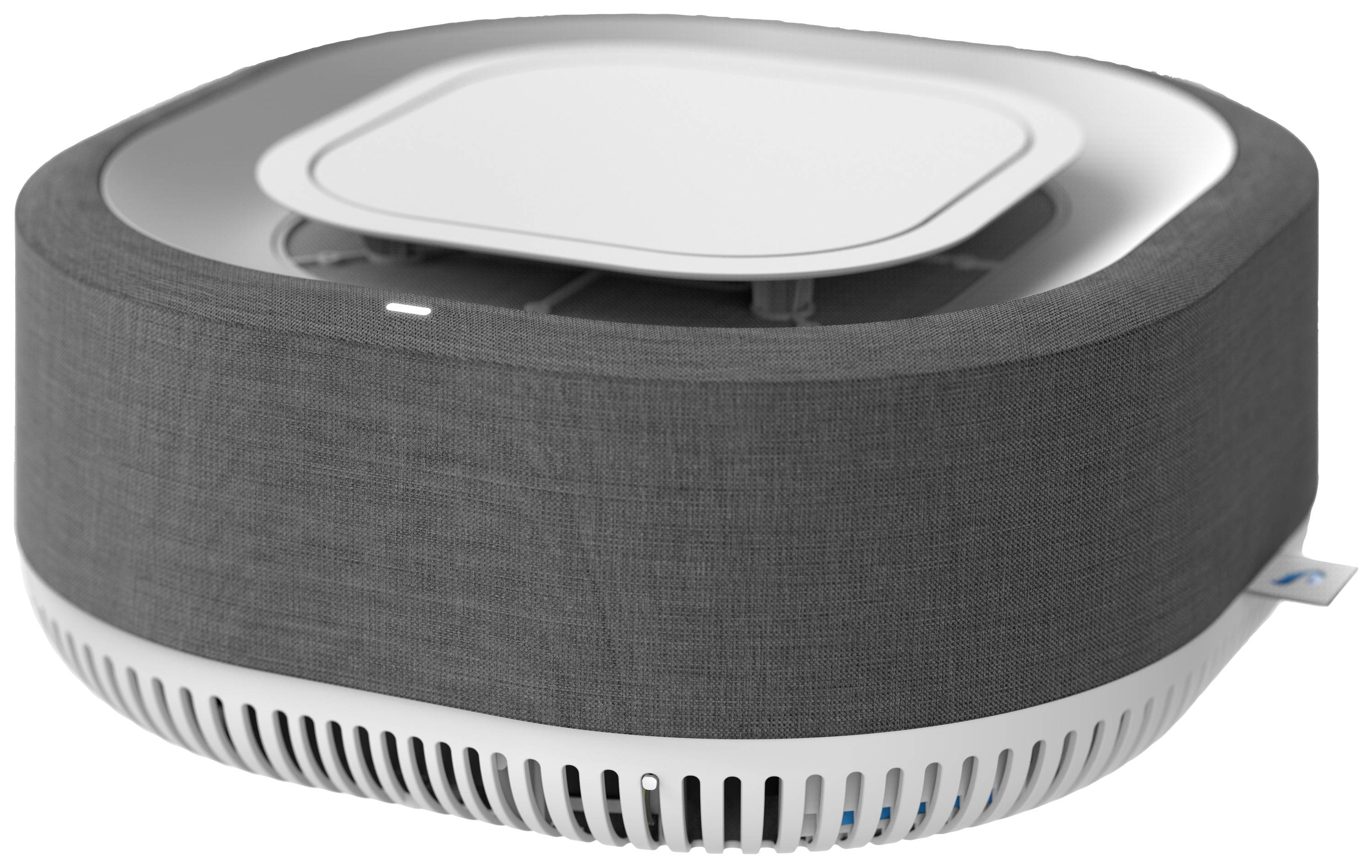 Nowoczesny oczyszczacz powietrza z szarą tkaniną i białym panelem sterowania, zapewniający czystość powietrza wewnątrz pomieszczeń.