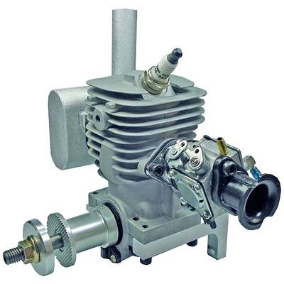 Silnik z cylindrem, świecą zapłonową i gaźnikiem, przedstawiony szczegółowo. Odpowiedni do zastosowań technicznych lub modelarstwa.