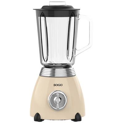 Kremowy blender stojący z przezroczystym pojemnikiem i srebrnym pokrętłem. Na blenderze widnieje napis 'SOGO'.
