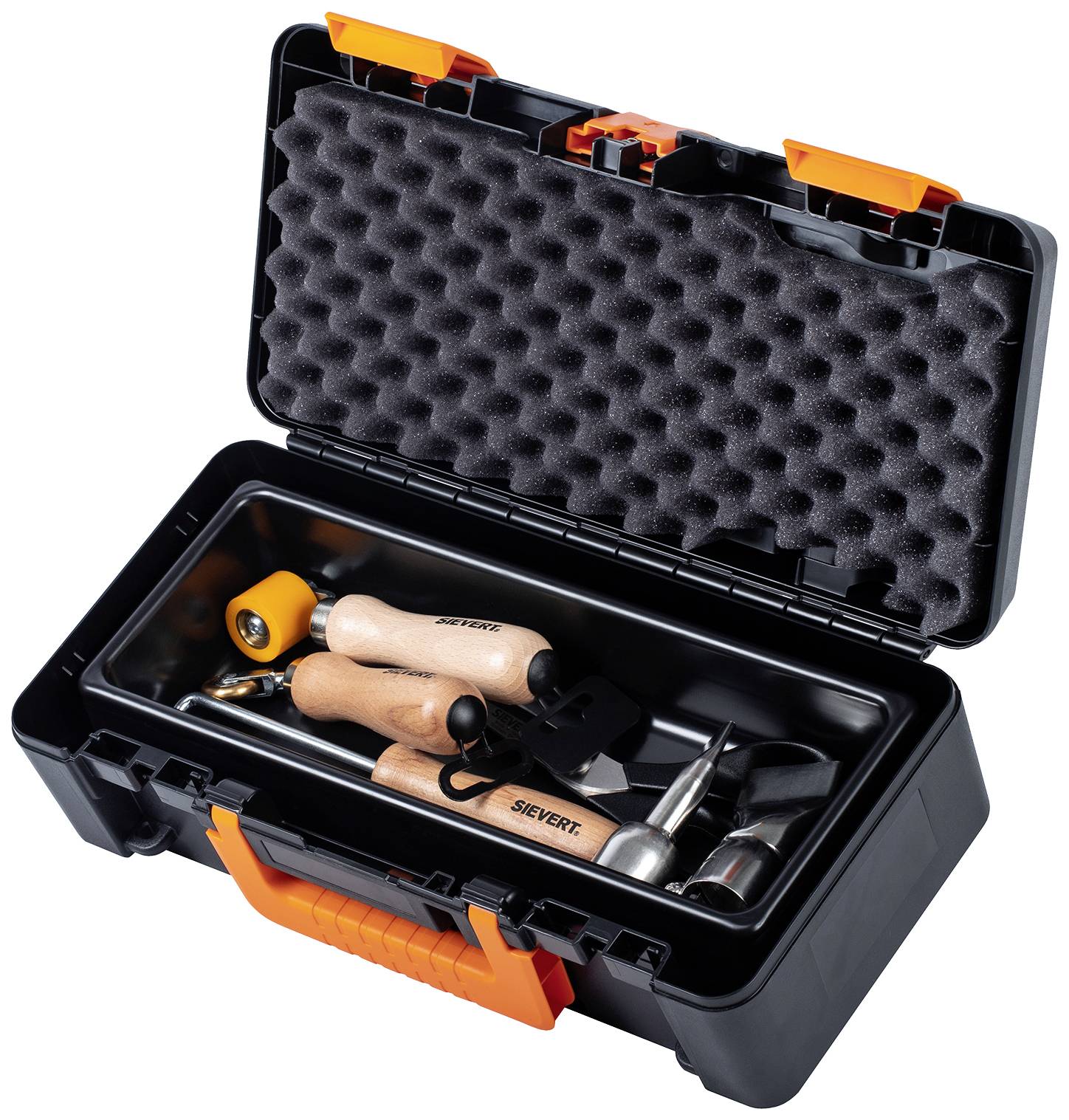 Otwarty skrzynka narzędziowa z drewnianymi uchwytami, różnymi końcówkami i gazowym lutownikiem spoczywa na poduszce z pianki.