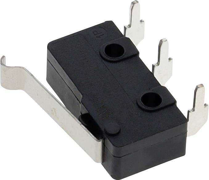 Czarny mikroprzełącznik z trzema metalowymi stykami i przymocowaną wygiętą metalową dźwignią, stosowany w obwodach elektronicznych do wykrywania pozycji lub ruchu.