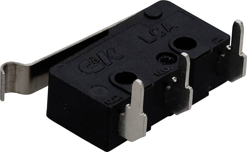 Czarny mikrowyłącznik z metalowymi zaciskami oznaczonymi napisem 'CK LCA', stosowany w urządzeniach elektronicznych do wykrywania ruchu mechanicznego i pozycjonowania.