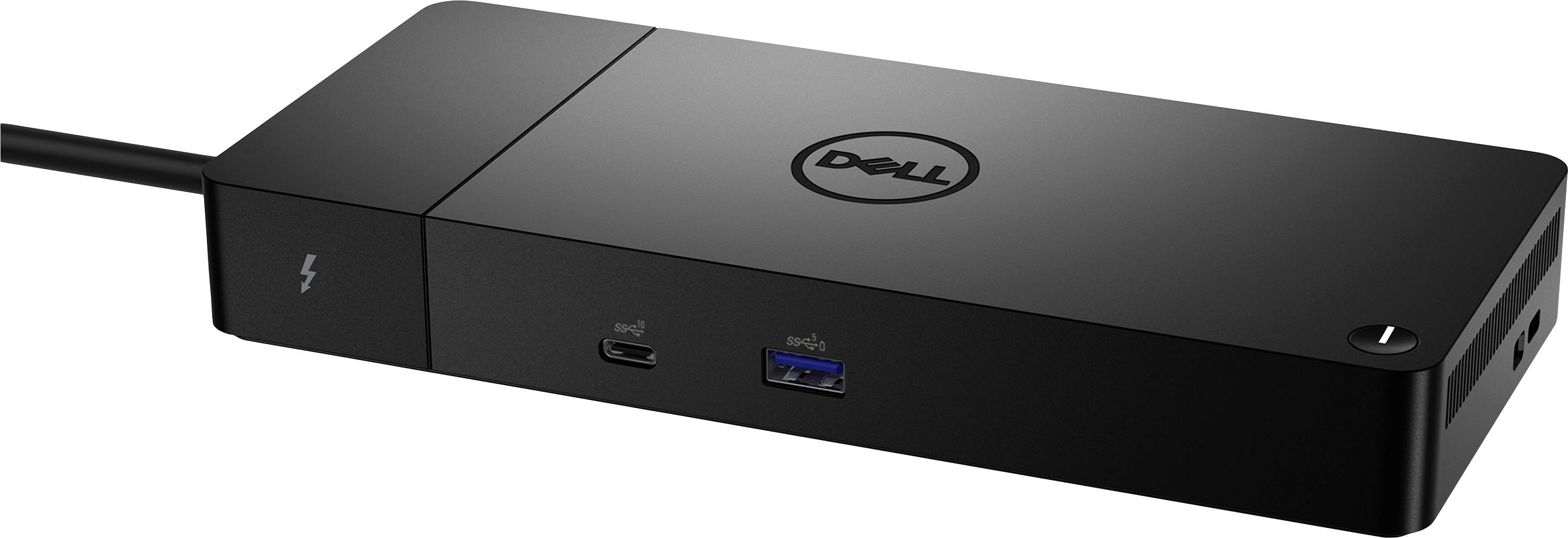 Czarna stacja dokująca z logo Dell, wyposażona w kilka portów z przodu, w tym porty USB i Thunderbolt.