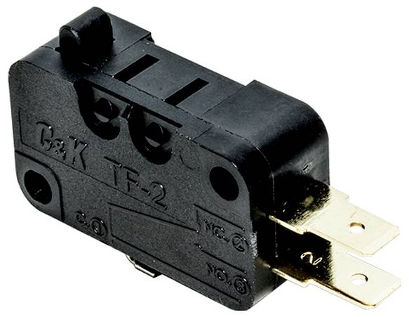 Czarny mikroprzełącznik C&K TF-2 ze złotymi zaciskami, wyposażony w dwa metalowe bolce do połączeń elektrycznych, stosowany w obwodach elektronicznych.
