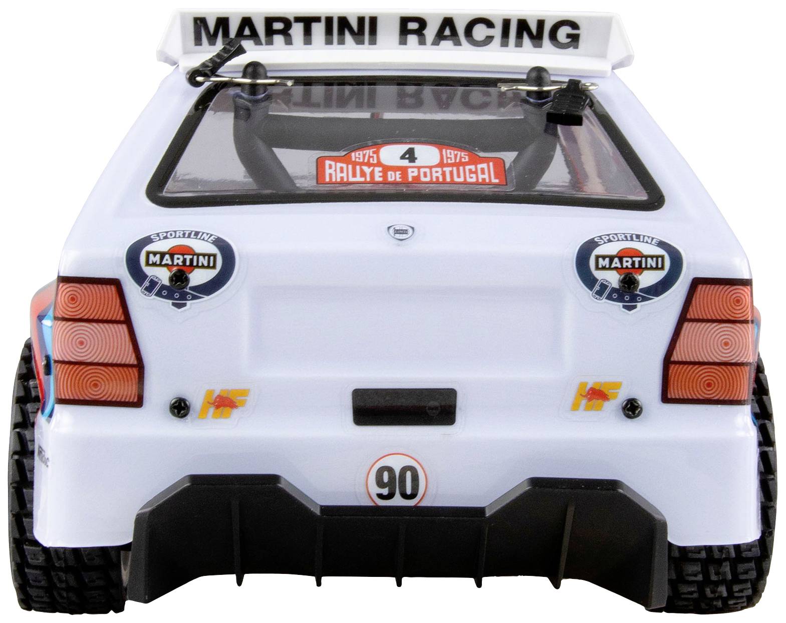 Widok z tyłu białego samochodu rajdowego z napisem 'Martini Racing'. Na tylnej szybie widnieje napis 'Rallye de Portugal 1975'.