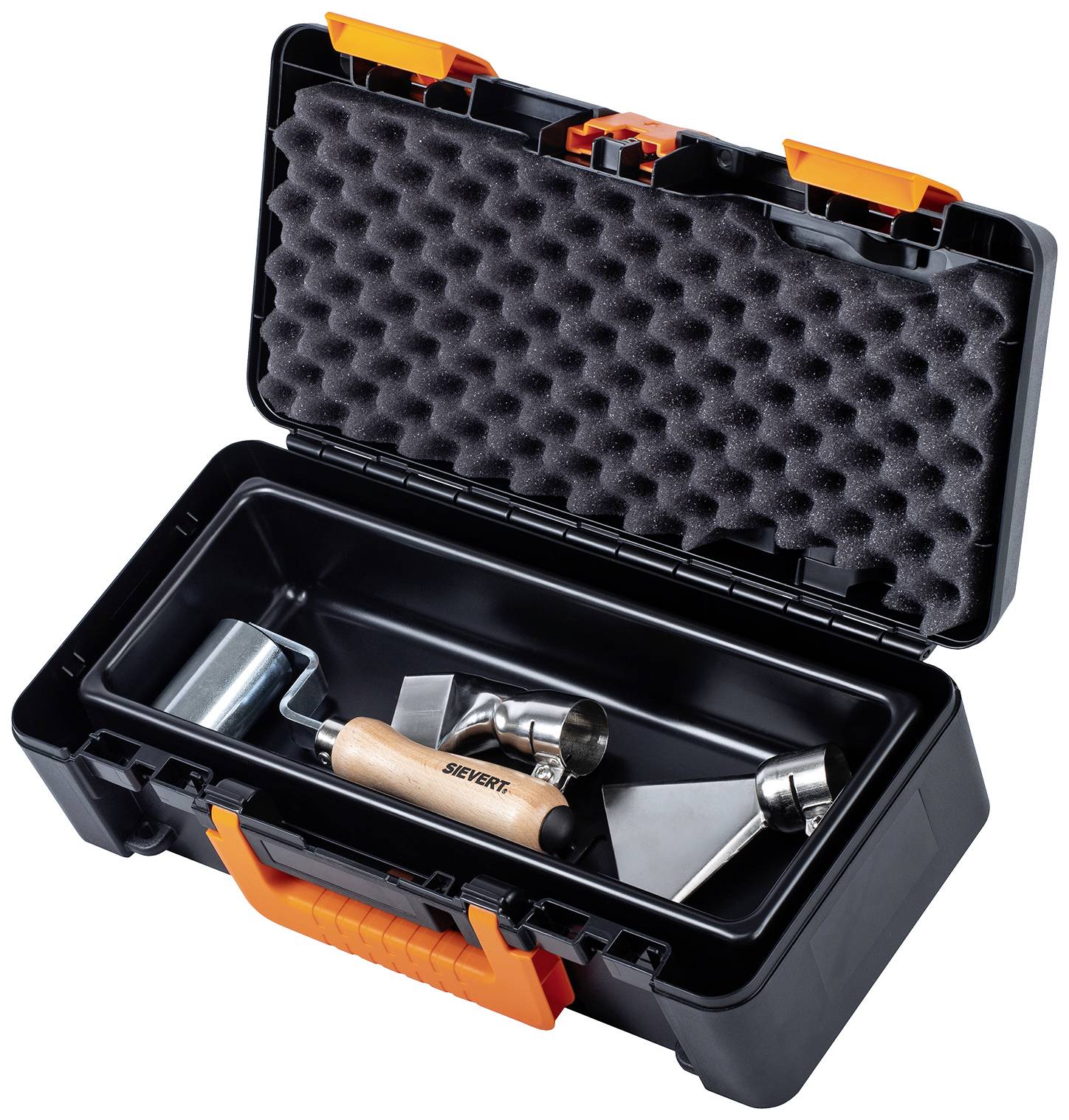 'Otwarty czarny skrzynka narzędziowa z pomarańczowym uchwytem; zawiera wałek, łyżkę murarską i uchwyt, na podkładce z pianki.'