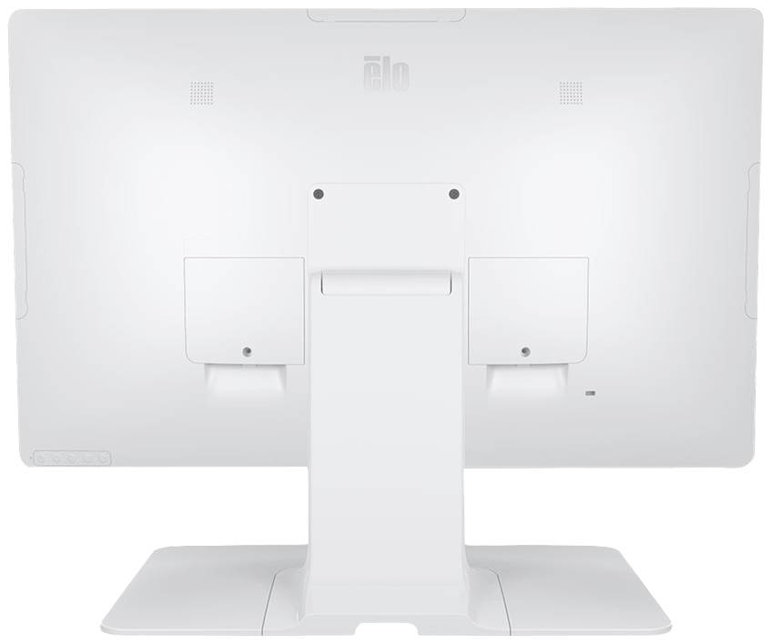 Biały ekran komputerowy widziany od tyłu, z wyraźnie widoczną podstawą i otworami przyłączeniowymi po obu stronach.