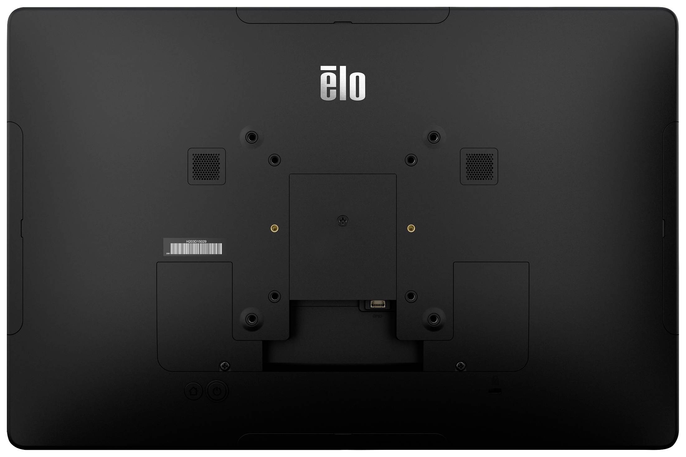 Tylna strona czarnego monitora z logo 'elo' u góry. Widoczne punkty mocowania oraz gniazda kablowe.