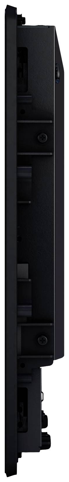 Widok z boku smukłego, prostokątnego czarnego urządzenia z widocznymi śrubami.