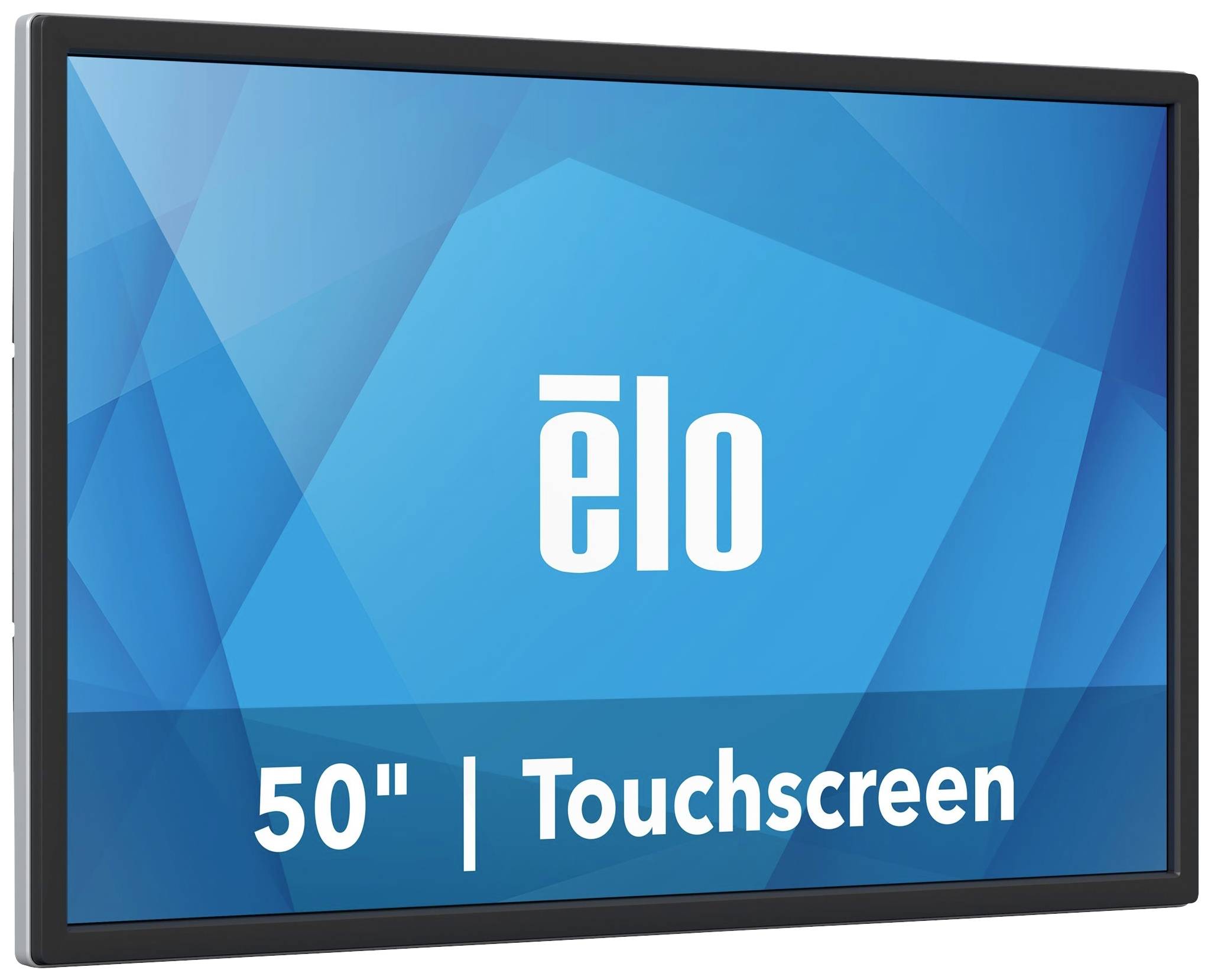 50-calowy ekran dotykowy z logo 'Elo' na niebieskim tle geometrycznym.