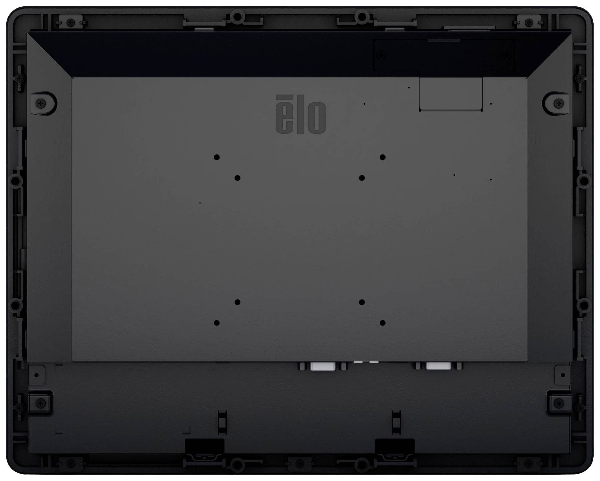 Tylna strona urządzenia z widocznym logo 'elo'. Widoczne są różne punkty montażowe oraz zdejmowany panel.