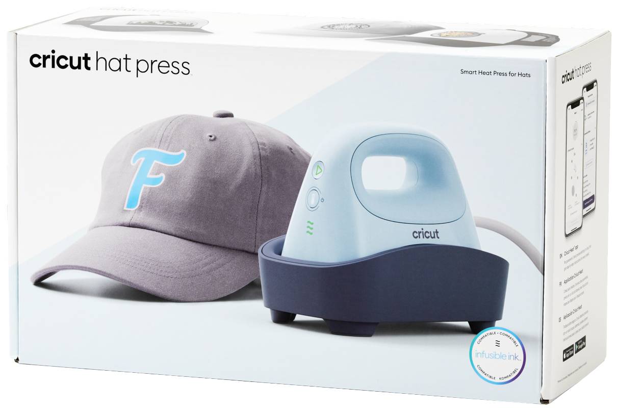 Opakowanie Cricut Heatpress pokazuje inteligentną prasę termiczną oraz szarą czapkę z niebieskim logo 'F'. Odpowiednie do personalizacji nakryć głowy.