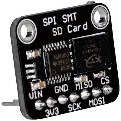 Mały czarny moduł z napisem 'SPI SMT SD Card'. Widoczne złącza: VIN, GND, MISO, CS, 3V3, SCK, MOSI.