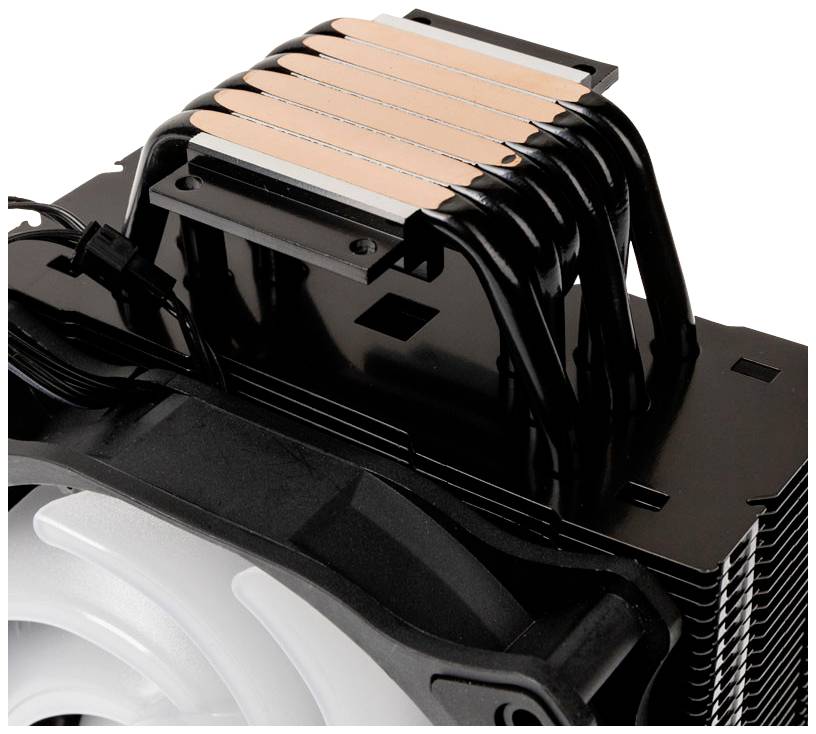 Wentylator z miedzianymi rurkami cieplnymi i czarnym radiatorem, prezentujący technologię chłodzenia komputerów.