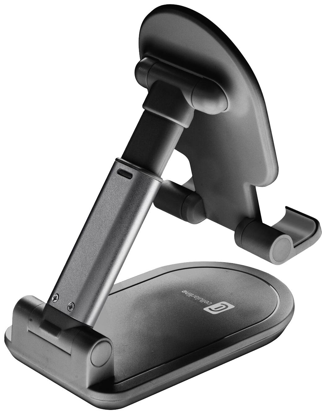 Składany czarny uchwyt na urządzenia z tworzywa sztucznego i metalu, odpowiedni do tabletów lub telefonów komórkowych, z regulowanym kątem nachylenia.