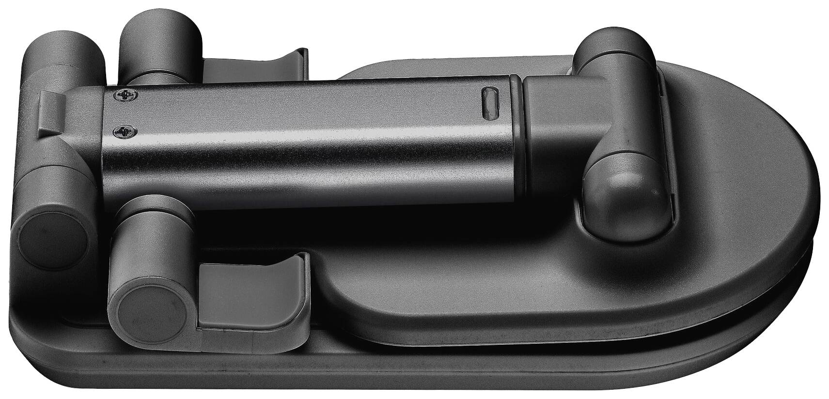 Czarny, składany zawias metalowy, który może być stosowany w ekranach laptopów lub podobnych zastosowaniach.