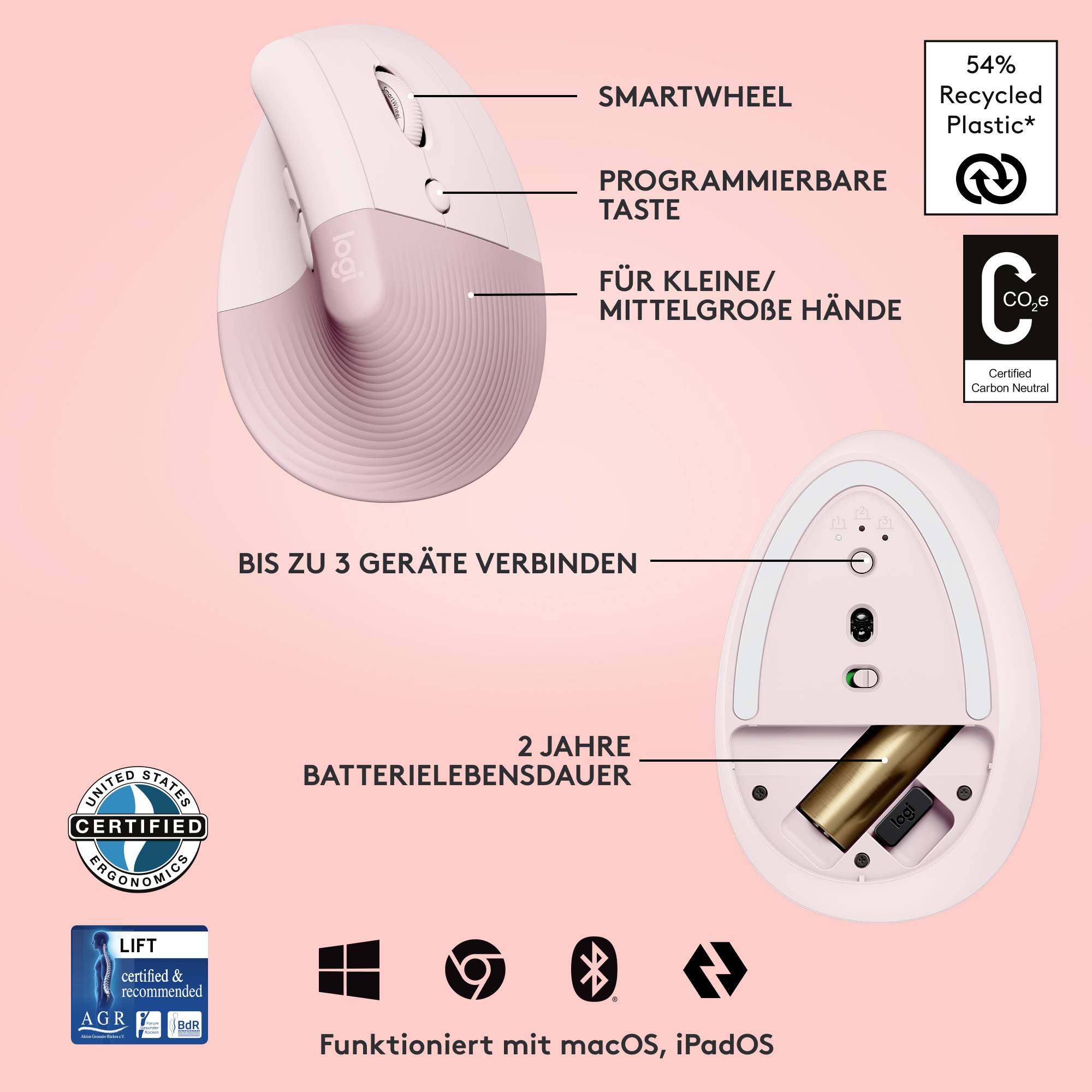 Mysz ergonomiczna Bluetooth®, radiowa Logitech Lift Vertical Ergonomic Mouse 4000 dpi-5