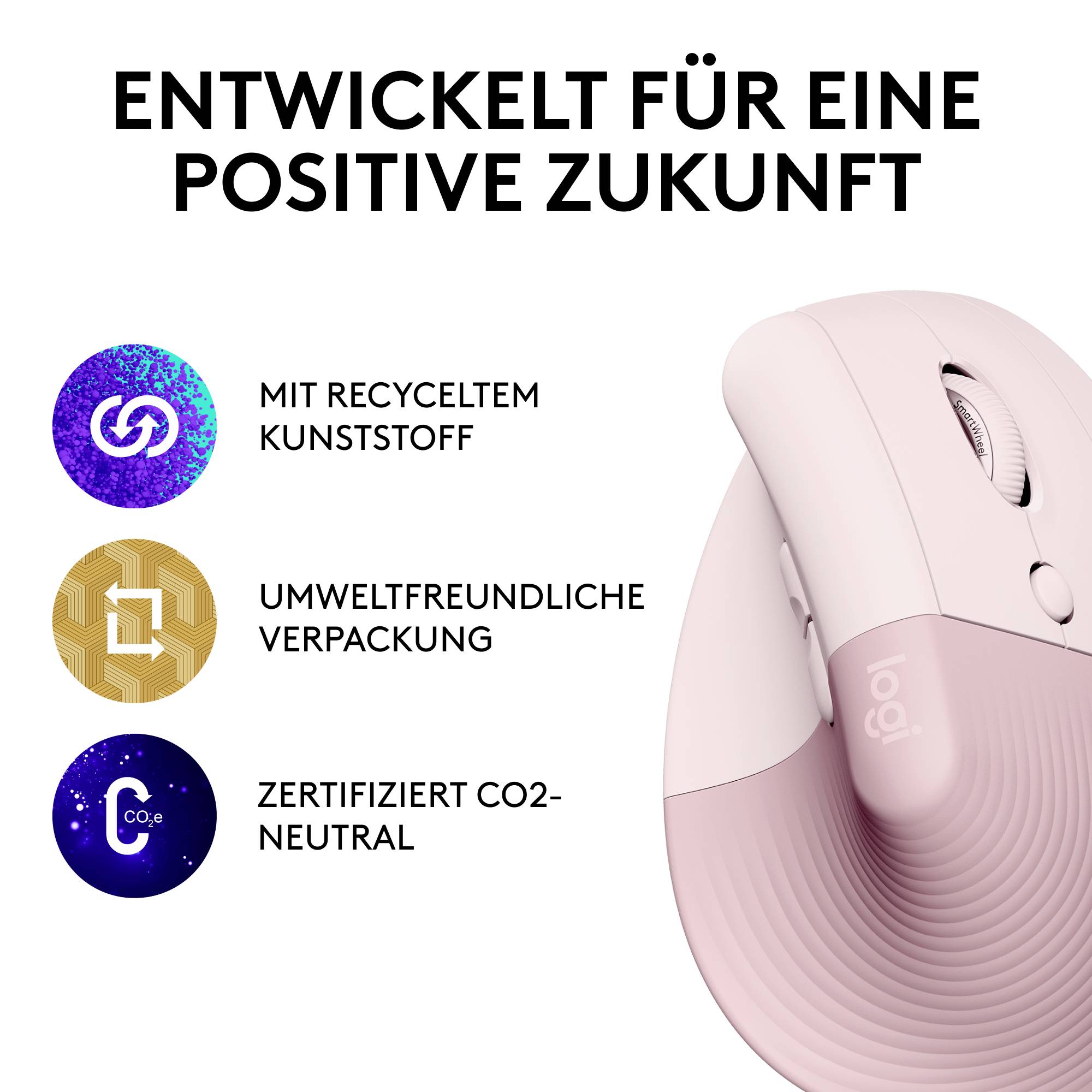 Rysunek przedstawia różową mysz komputerową. Tekst: 'Stworzona z myślą o pozytywnej przyszłości'. Symbole przedstawiające materiały z recyklingu, ekologiczne opakowanie oraz neutralność CO2.