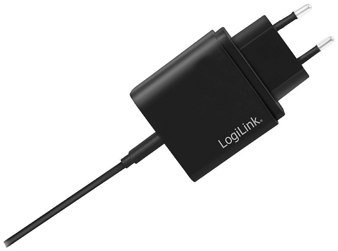 Czarny zasilacz firmy LogiLink z dwoma wtyczkami europejskimi, odpowiedni do ładowania urządzeń elektronicznych takich jak smartfony lub tablety.
