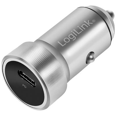 Srebrna ładowarka samochodowa USB-C firmy LogiLink. Jest cylindryczna i kompaktowa, odpowiednia do ładowania urządzeń podczas jazdy.