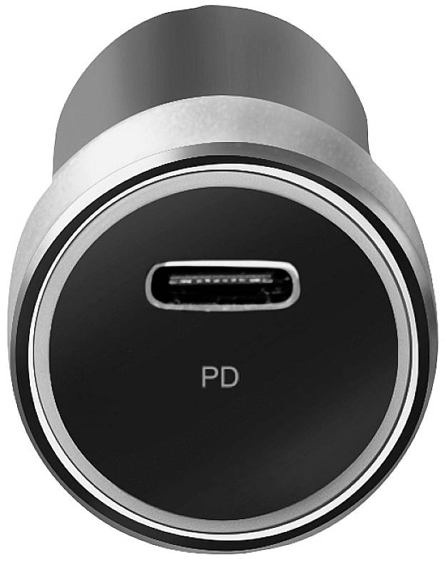 Zbliżenie ładowarki samochodowej USB-C z oznaczeniem 'PD' (Power Delivery), przedstawiające złącze USB-C.