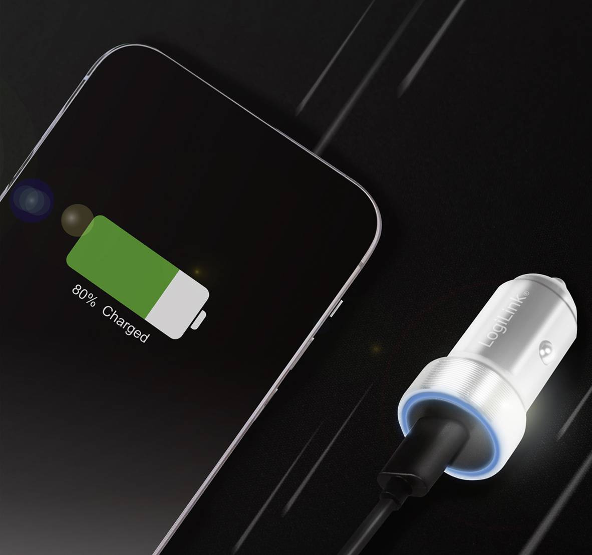 Smartfon jest ładowany za pomocą ładowarki. Ekran wyświetla wskaźnik baterii, która jest naładowana w 80%.