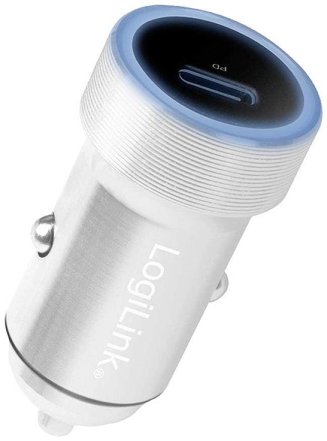 Srebrna ładowarka samochodowa z niebieskim LED-em i złączem USB-C. Nadruk marki 'LogiLink'. Przeznaczona do gniazda zapalniczki samochodowej.