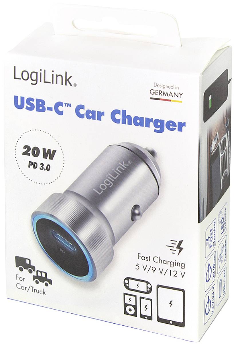 Ładowarka samochodowa USB-C, marka LogiLink, o mocy 20W, obsługująca PD 3.0. Szybkie ładowanie do samochodu/ciężarówki, 5V/9V/12V. Projekt z Niemiec.