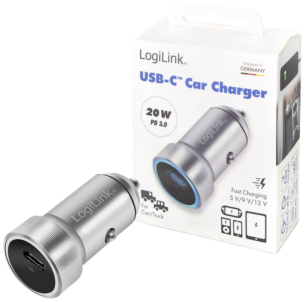 Ładowarka samochodowa USB-C firmy LogiLink, 20W PD 3.0, do samochodu/ciężarówki. Opakowanie prezentuje szybkie ładowanie, 5/9/12V, projekt z Niemiec.