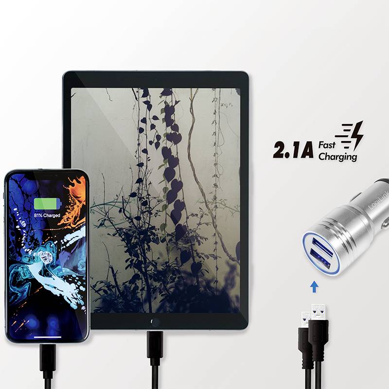 Smartfon i tablet są ładowane za pomocą kabli USB; tekst obok: '2.1A Szybkie ładowanie', wskazuje na szybkie ładowanie.