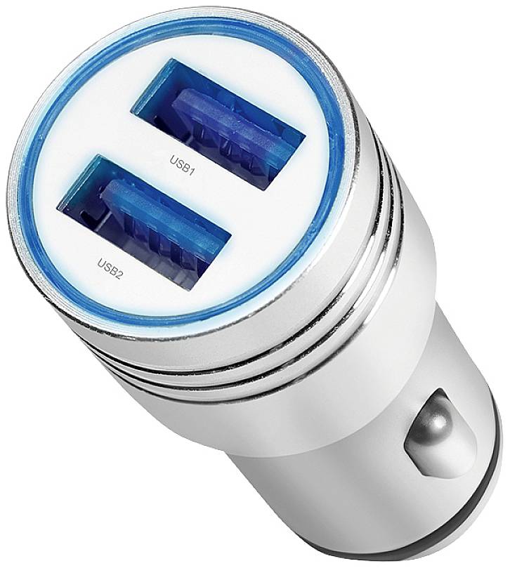 Srebrna ładowarka samochodowa USB z dwoma niebieskimi portami USB. Zaprojektowana do ładowania urządzeń mobilnych podczas podróży.