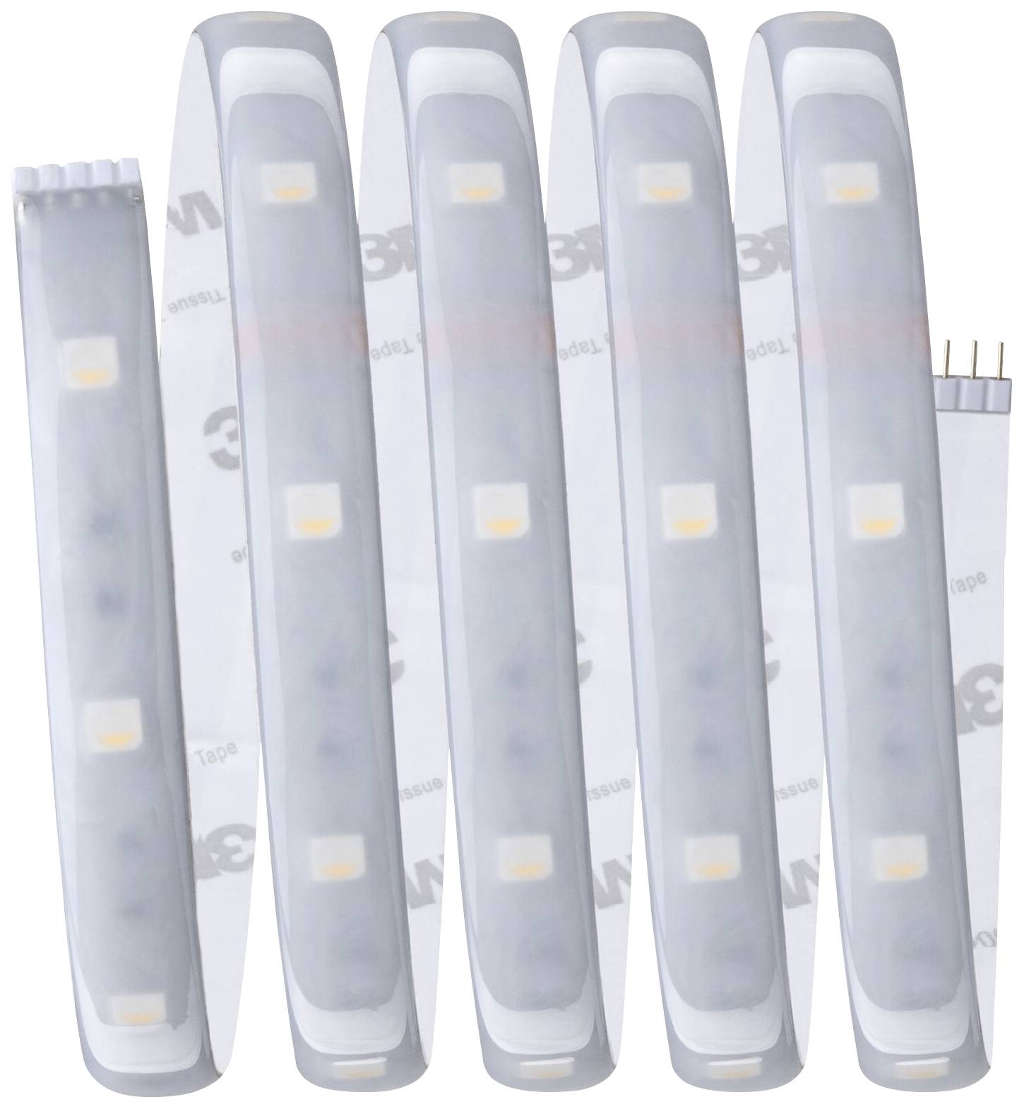 Pięć pasków LED, zrolowanych i ułożonych obok siebie, z wieloma świecącymi diodami.