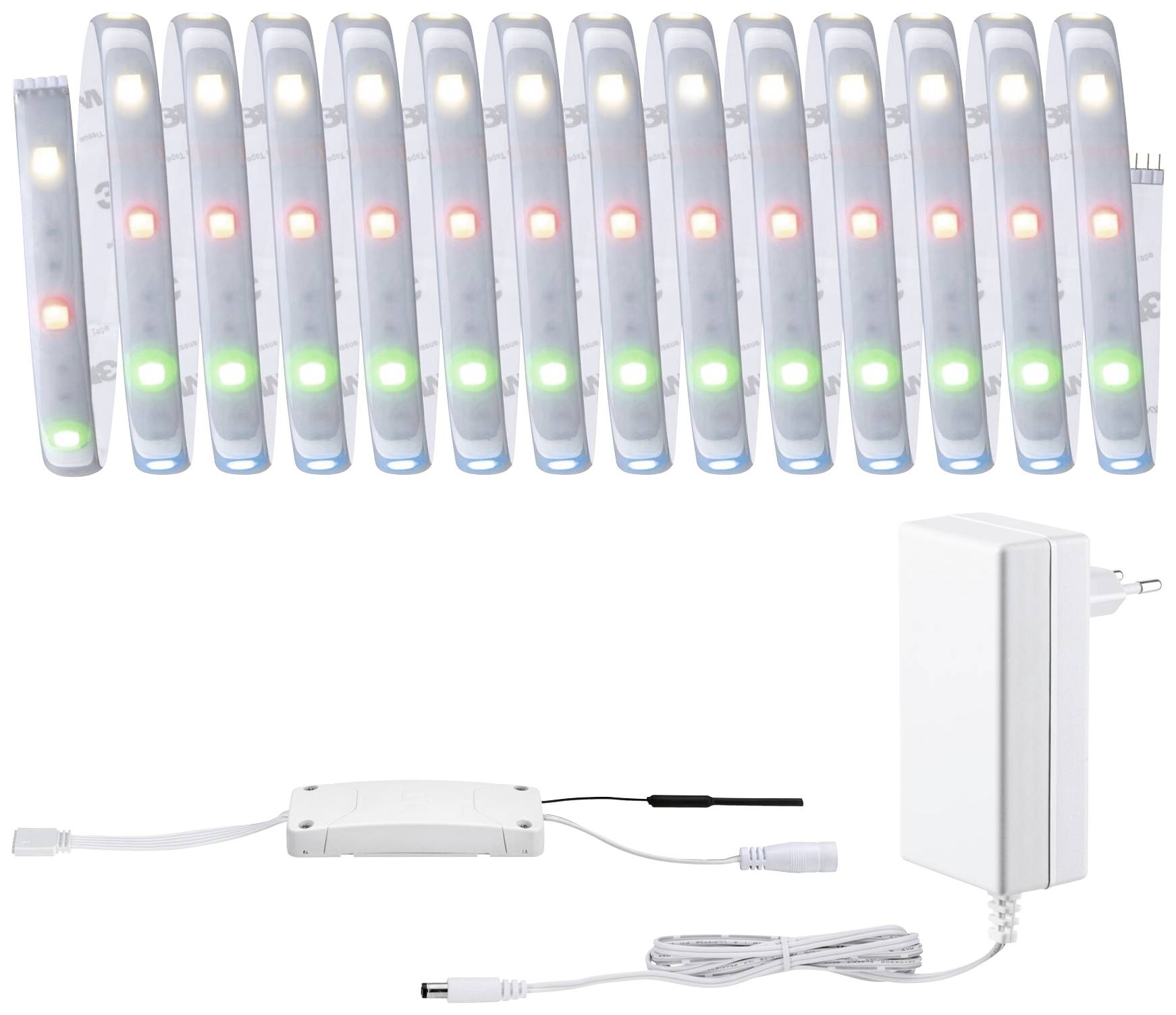 Listwa LED z wieloma diodami świecącymi na czerwono i zielono, podłączona do zasilacza i jednostki sterującej.