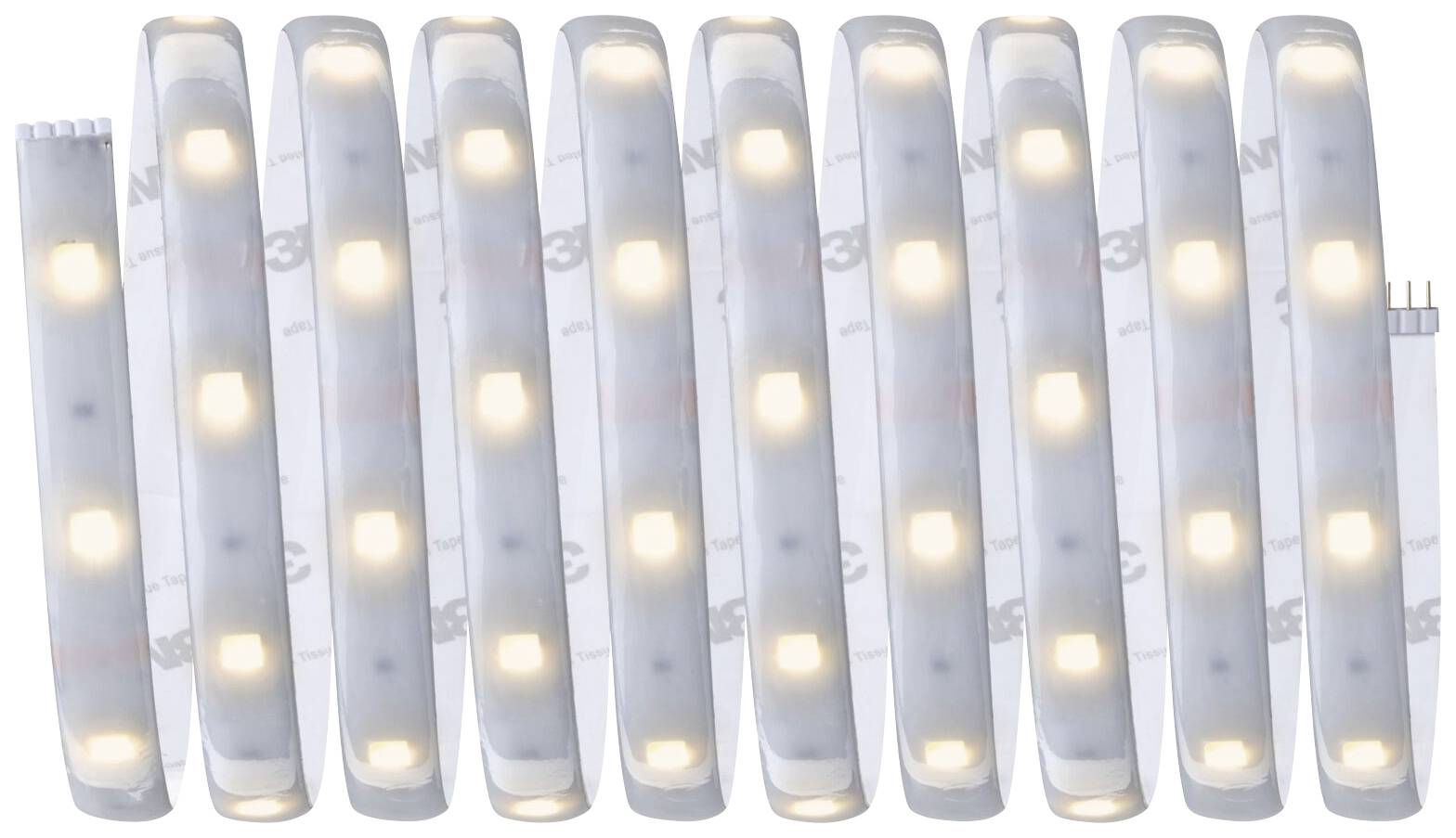 Biała listwa LED z wieloma świecącymi segmentami, równomiernie rozmieszczonymi.