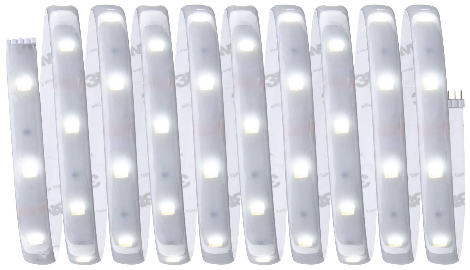 Dziesięć białych pasków LED w rzędzie, stojących na białej powierzchni. Są równomiernie oświetlone i symetrycznie rozmieszczone.