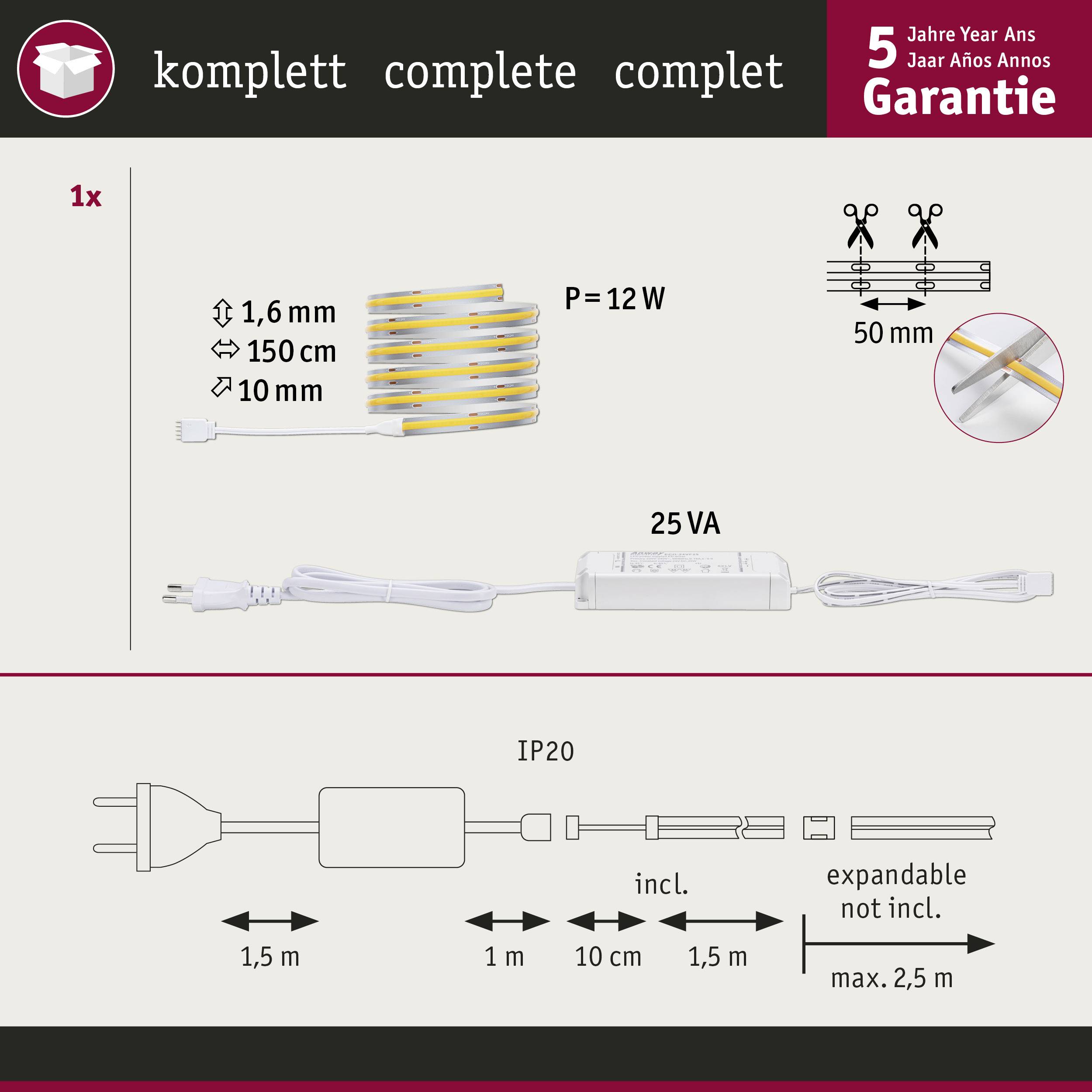 Zestaw taśmy LED: długość 6 metrów, szerokość 1,5 cm, moc 12 W. W zestawie 5-letnia gwarancja. Możliwość cięcia co 50 mm. Stopień ochrony IP20.