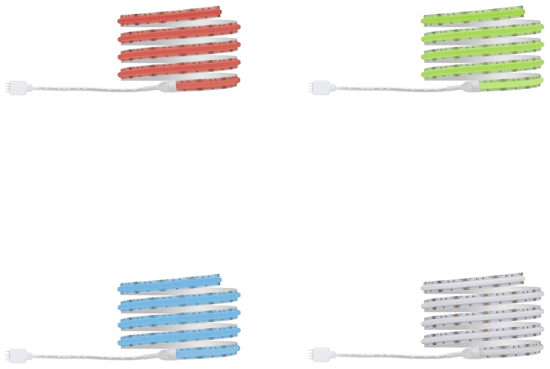 Cztery stosy kolorowych kabli z wtyczkami: czerwone, zielone, niebieskie, białe. Każdy kolor tworzy osobny stos.