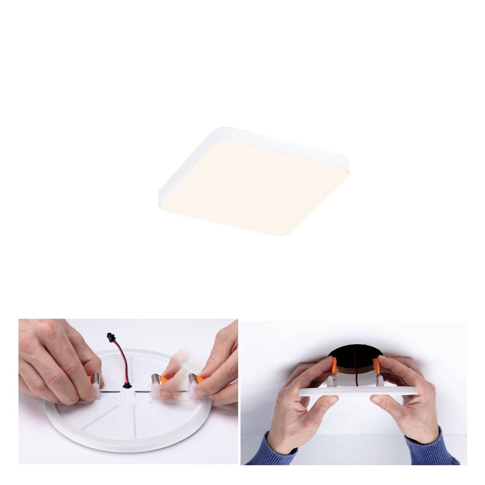 Kwadratowa lampa sufitowa. Dwa zdjęcia poniżej przedstawiają sposób podłączenia przewodów do okrągłej podstawy. Ręce mocują poszczególne elementy.