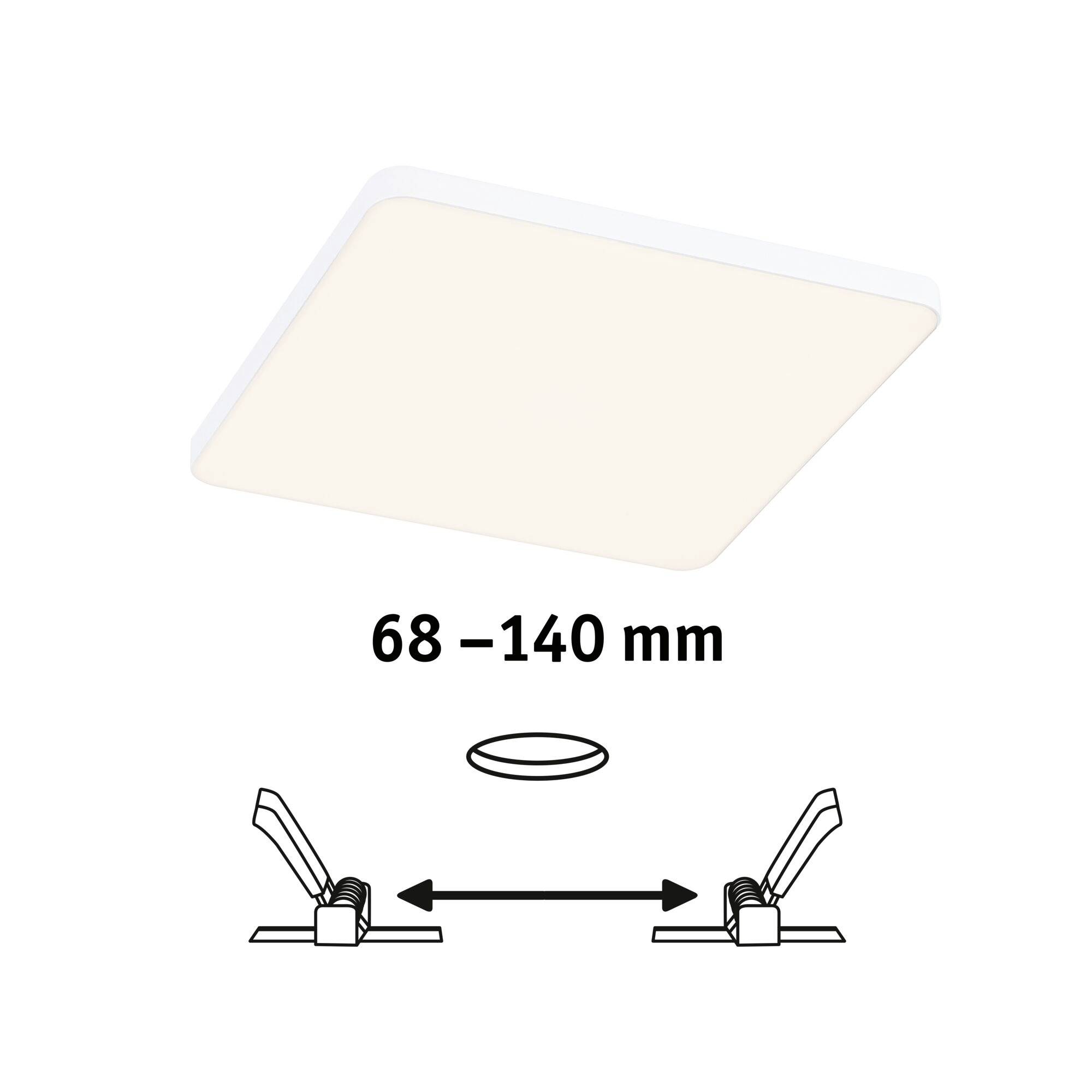 Kwadratowa lampa sufitowa LED, regulowana do otworów montażowych od 68 do 140 mm, z prostym mechanizmem mocowania.