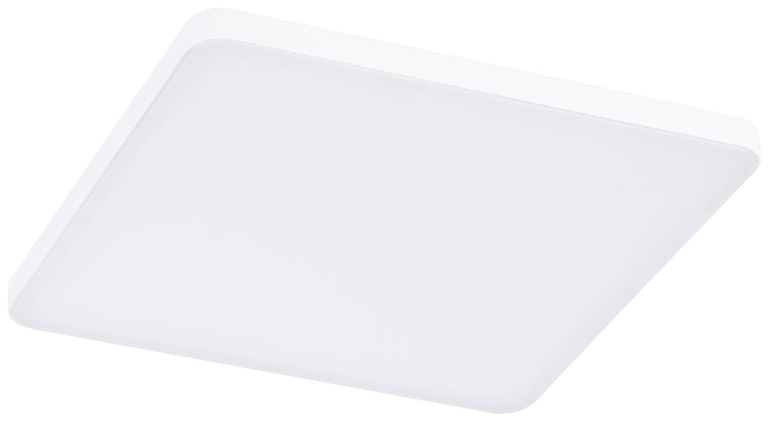 Biała kwadratowa lampa sufitowa o płaskiej powierzchni i zaokrąglonych narożnikach.