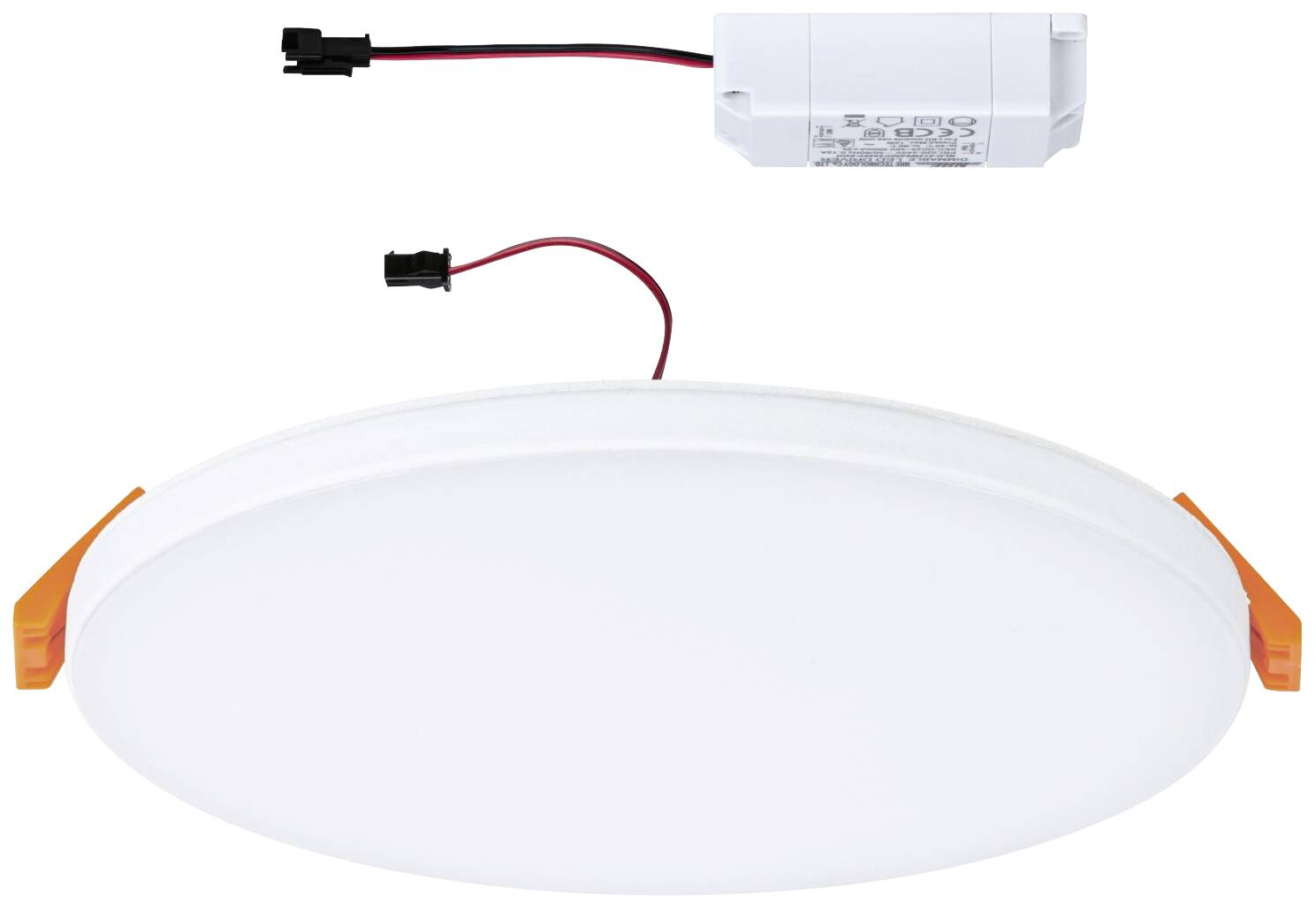 Okrągła lampa sufitowa LED z białą obudową i pomarańczowymi akcentami, przedstawiona obok prostokątnego białego modułu zasilającego.