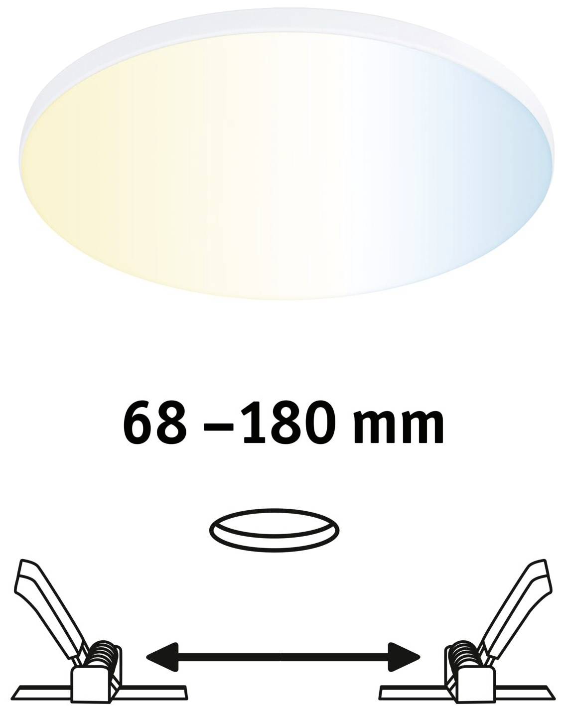 Lampa sufitowa o regulowanym rozmiarze otworu od 68 do 180 mm. Diagram przedstawia opcje montażu oraz przebieg zmiany barwy światła od ciepłej do chłodnej.