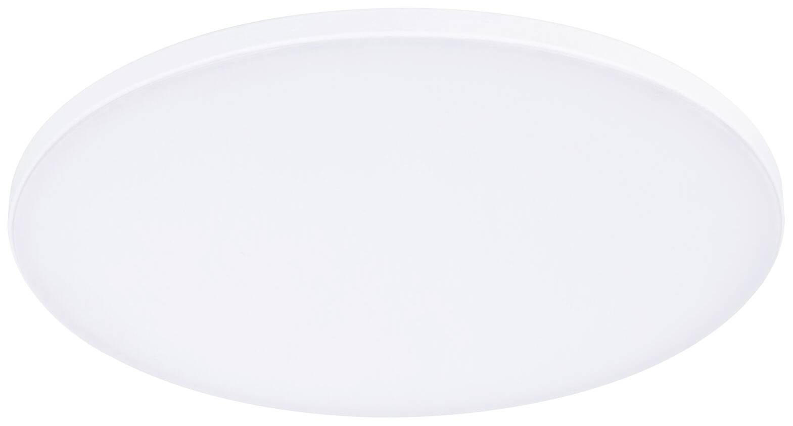 Okrągła, płaska, biała lampa sufitowa z tworzywa sztucznego, minimalistyczna w projekcie, odpowiednia do ogólnego oświetlenia pomieszczenia.